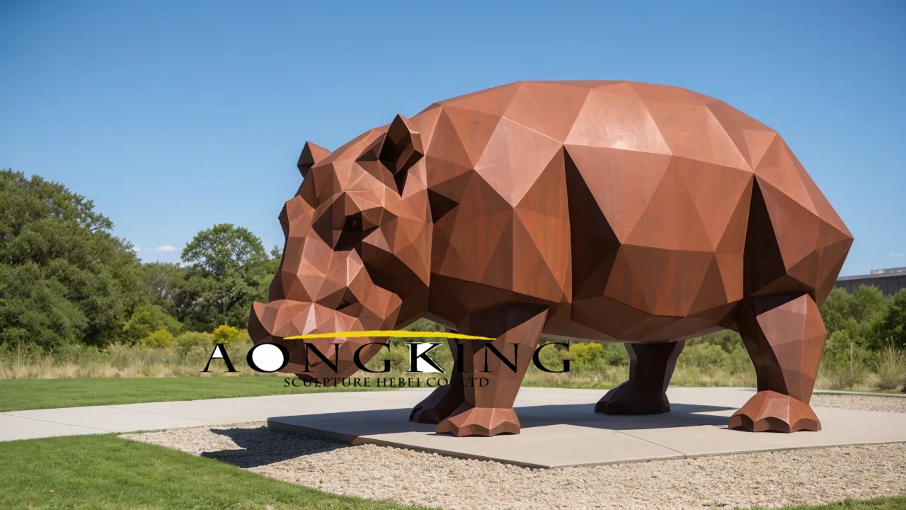 life-size hippopotamus corten steel statue